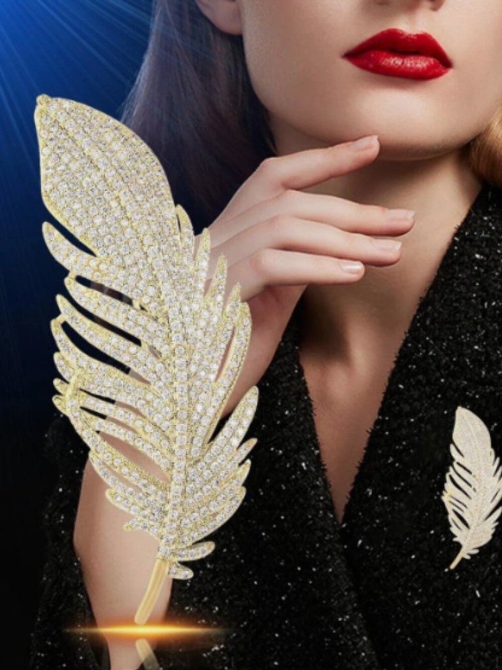 Rhinestone Feather Brooch Pin Gold Tone Crystal Feather Jewelry Elegant